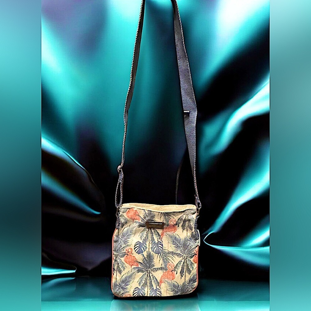 Caribbean Joe Flamingo Floral Print Crossbody Bag 11x10in like new